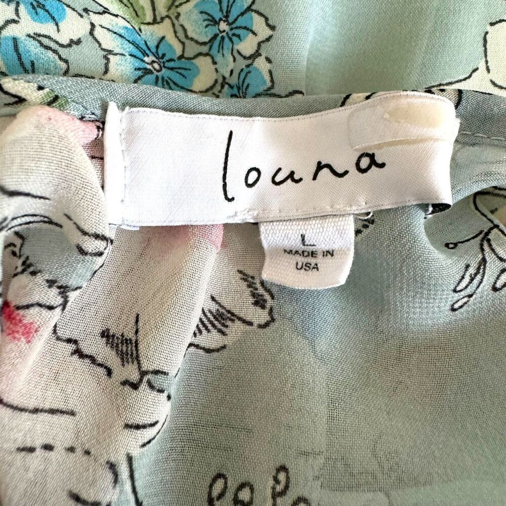 Louna Womens A Line Blouson Dress Blue Floral Long Sleeve Button Smocked Large - Picture 7 of 8